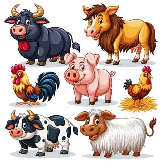 Farm Animals Clipart PNG, Cartoon Cow Pig Rooster Goat, Digital Download